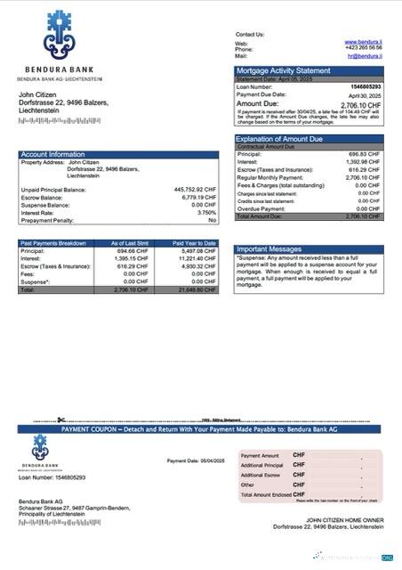 Download Liechtenstein Bendura Bank AG mortgage statement Word and PDF template Photoshop template